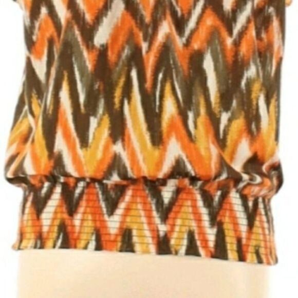 Michael Kors Warm 70's Multi Color Jewel Neck Short Flutter Sleeve Blouse Sz XL - Picture 9 of 12